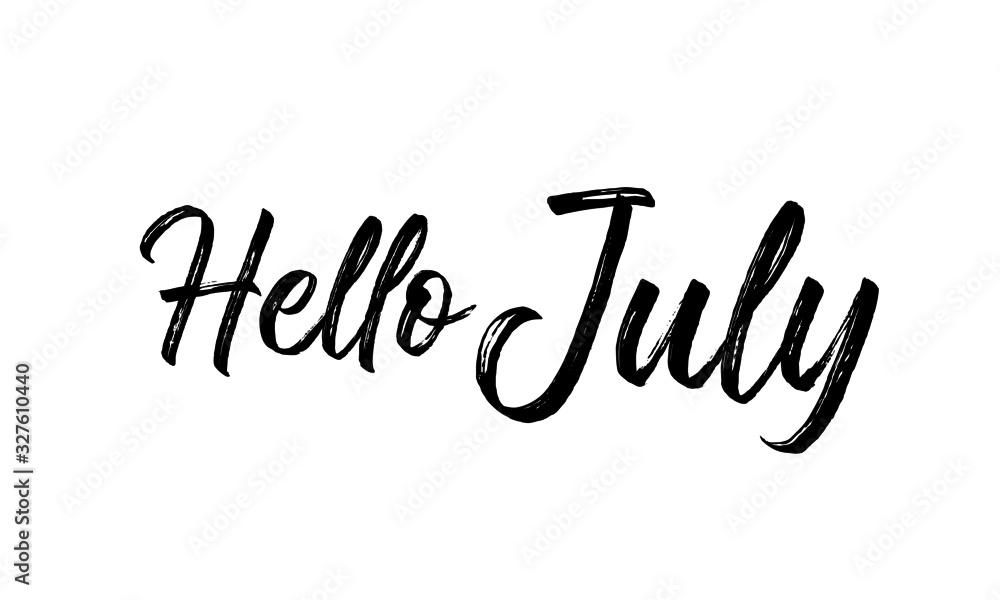 Hello July Inspirational lettering black color, isolated on white background. Vector illustration for posters,  banners, flyers, stickers, cards and more. Vector illustration. EPS10.