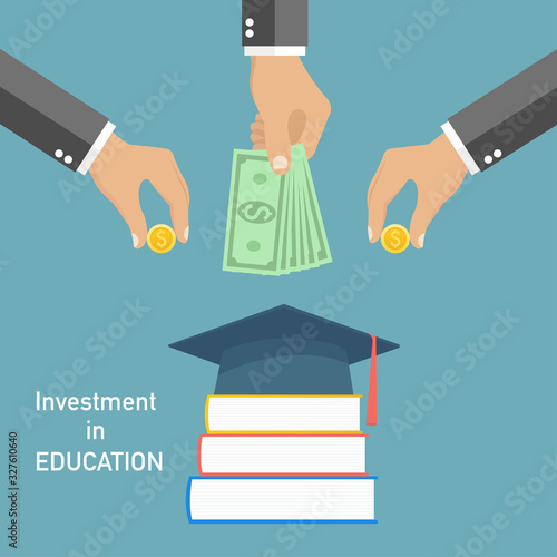 Invest in education concept. Vector illustration in flat style design. Stack of books, diploma and university student cap. Money savings for study - stock vector