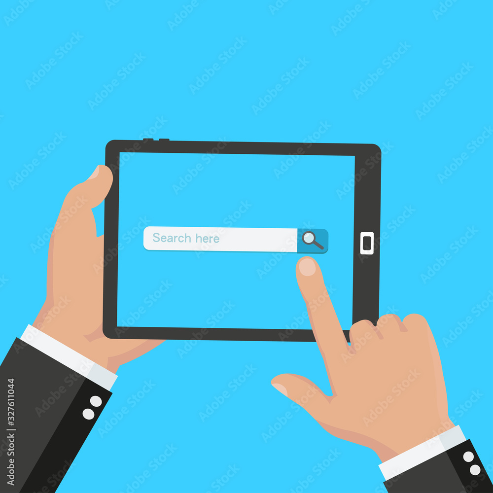 Flat design modern vector illustration concept of social media website with search icon on a digital tablet screen. Isolated on stylish color background. - stock vector Flat design modern vector illustration concept of social media website with search icon on a digital tablet screen. Isolated on stylish color background. - stock vector