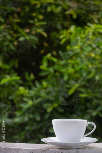 Vertical image of clean white coffee cup or teacup and the plate put on old concrete border and blurry green leaves tree in natural background with morning soft lighting and copy space.