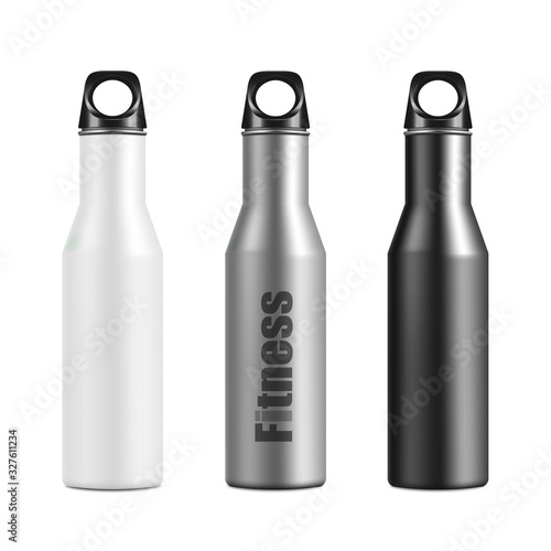 Vector realistic 3d white and black empty glossy metal water bottle with black bung icon set closeup on white background. Design template of packaging mockup for graphics. Front view