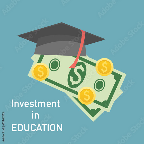 Graduation cap on pile of money and coins, concept of education costs, study cash, tuition fees, tax, pay, spending education money investment flat. - stock vector