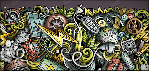 Electric cars hand drawn doodle banner. Cartoon detailed flyer.