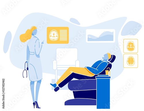 Woman Doctor in Uniform with Stethoscope Consulting Patient on Examination Chair. Brain Research Results. Diagnostics and Physical Exam. Healthcare and Medicine Vector. Cartoon Flat Illustration