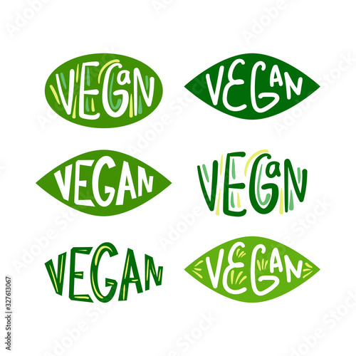 Vegan logo set. Bio, Ecology, Organic logos and badges, label, tag. Green leaf on white background. Vector illustration