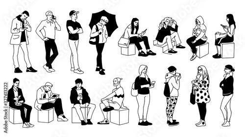 People in different poses. Monochrome vector illustration of set of young and adult men and women standing and sitting in simple line art style. Hand drawn sketch on white background.