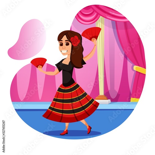 Vigorous Tiny Brunette with Rose in Her Loose Hair, Wearing Black and Red Dress, Performing Traditional Spanish Dance with Fans on Stage. Famous Dancer, Prima Donna. Cute Cartoon Character. © Mykola