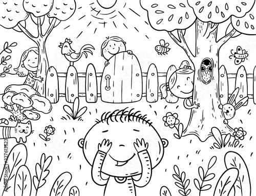 Cartoon children playing hide and seek in the garden, coloring page