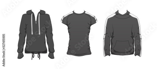Fitness outfit clothes set. Gray Top sport wear design. Black Casual collection. Man and unisex sportswear clothe vector. Fashion style concept. Stock modern flat mockup illustration isolated white
