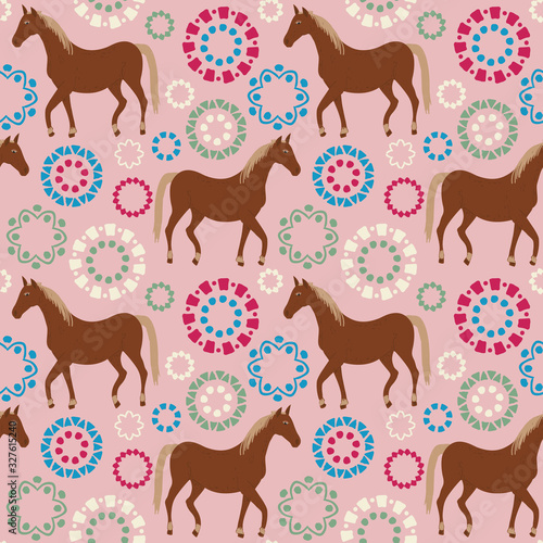Seamless pattern of horse with ethnic ornament elements. Repeatable textile vector print, wallpaper design.