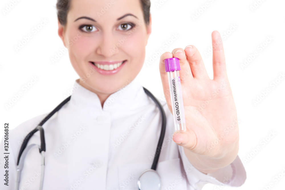 young female doctor giving test-tube with coronavirus sample isolated on white young female doctor giving test-tube with coronavirus sample isolated on white