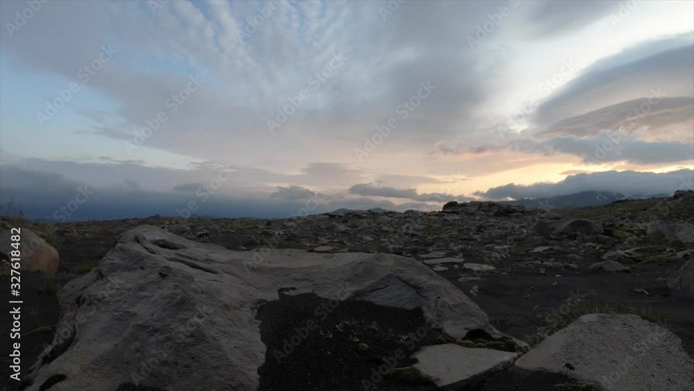 Time lapse of rain clouds moving over rocky volcanic landscape in Iceland. Fimmvorduhals track. Time lapse of rain clouds moving over rocky volcanic landscape in Iceland. Fimmvorduhals track.