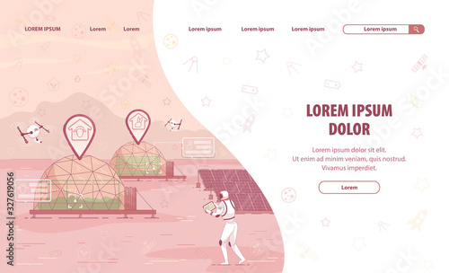 Informative Banner Farm when Colonizing Planet. Scientists Conduct Biological Research and Experiments on another Planet. Astronaut Controls Drone and Greenhouse. Vector Illustration.