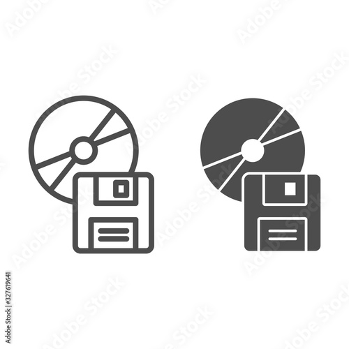 Compact disk and floppy diskette line and solid icon. Different data storage symbol, outline style pictogram on white background. Office item sign for mobile concept and web design. Vector graphics.