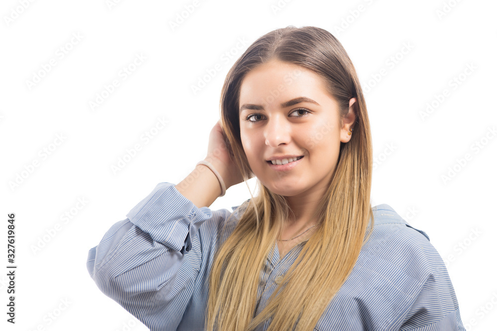 Portrait of young pretty woman isolated on white background