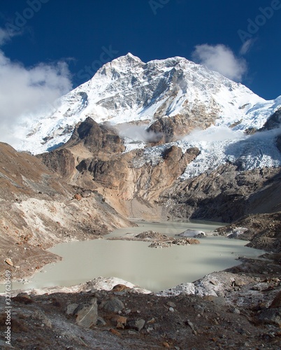 Mount Makalu and glacial lake, Nepal Himalayas mountains