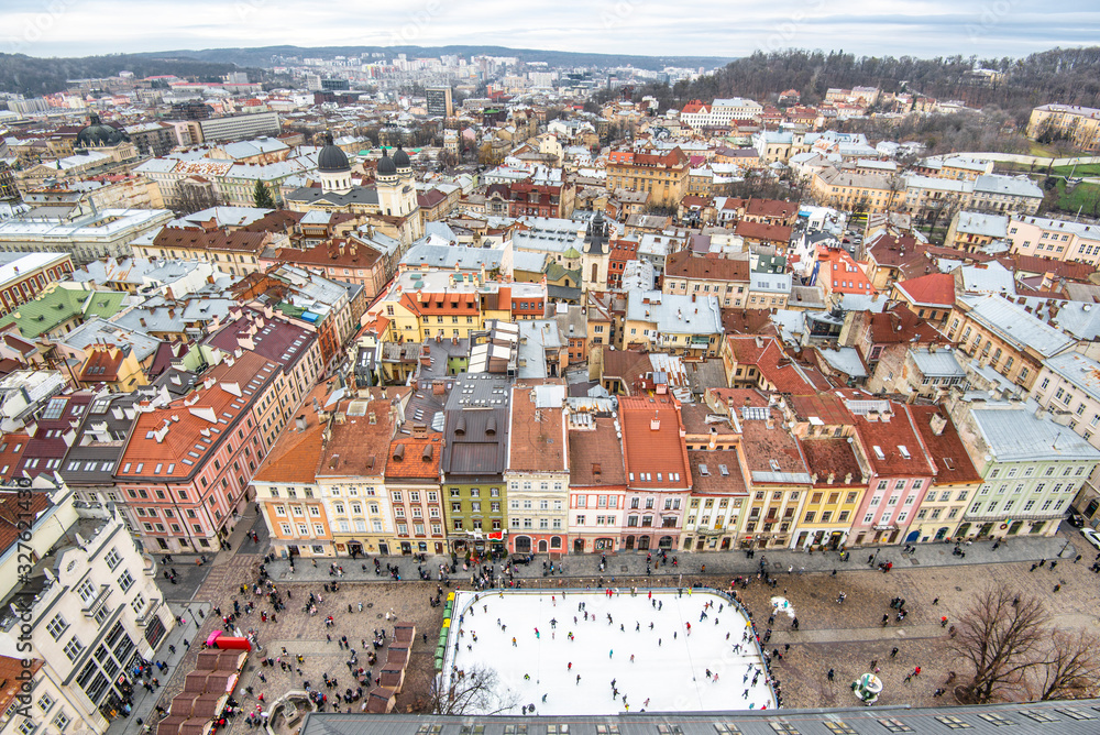 Gorgeous Aerial view from the city hall of the Lviv city to the whole city and the market square.