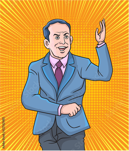 Vertical image, Senior business people smile at ease Turned and raised his left hand, Pop art retro illustration comic Style Vector, Separate images of people from the background.