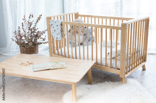 baby wood bed and table with mattress kid pillow dolls photo