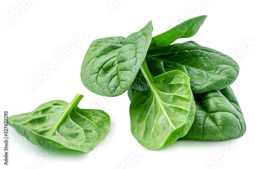 Pile of baby spinach leaves isolated on white background. Fresh green spinach.  Closeup