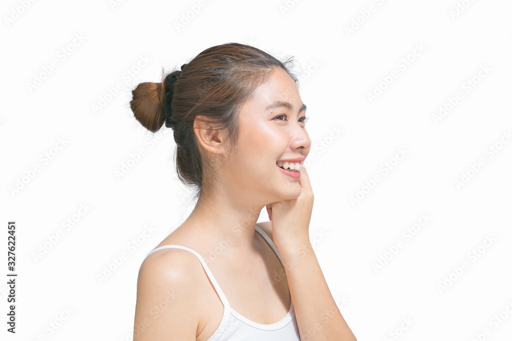 Happy beautiful asian girl holding her cheeks with a laugh looking to the side. Happy beautiful asian girl holding her cheeks with a laugh looking to the side.