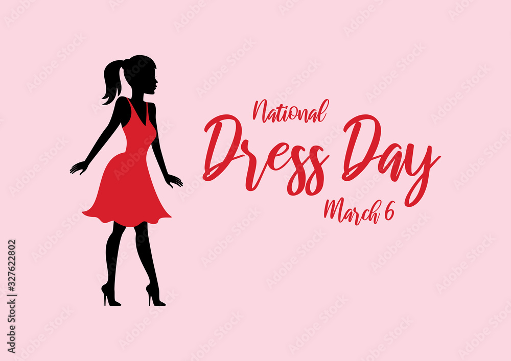 National Dress Day vector. Woman in red dress silhouette vector. Attractive girl in high heels vector. Beautiful woman in red dress icon. Sensual girl silhouette. Dress Day Poster, March 6 National Dress Day vector. Woman in red dress silhouette vector. Attractive girl in high heels vector. Beautiful woman in red dress icon. Sensual girl silhouette. Dress Day Poster, March 6