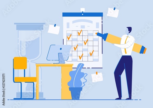 Prompt Flyer Gradual Productive Closure Tasks. Guy Marks Priority Goal with Marker on Wall Calendar. Analysis Information Received, Determination how to Increase Productivity at Work.