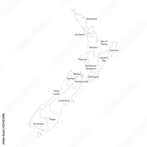 New zealand map with name labels on white background. Political map. Perfect for business concepts, backgrounds, backdrop, poster, sticker, banner, label and wallpaper.