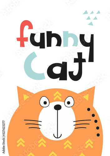 Funny Cats poster for nursery with cute red cat. Vector Illustration. Kids illustration for baby clothes, greeting card, wrapping paper. Lettering funny cat.
