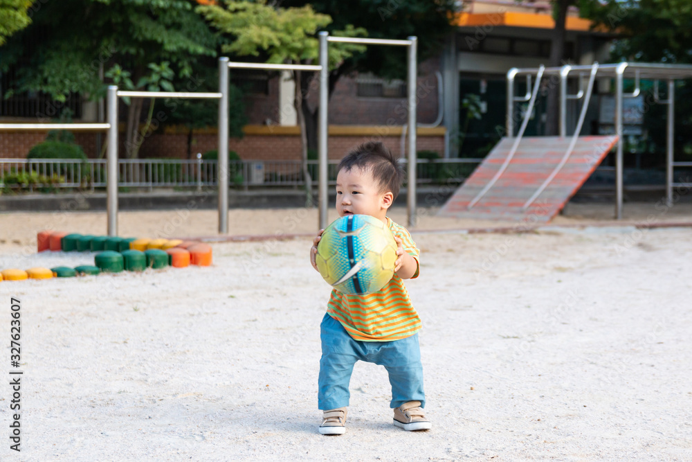 Asian cute baby play with soccer ball alone Asian cute baby play with soccer ball alone