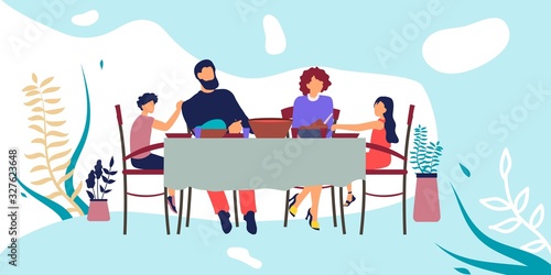 Mother, Father and Couple of School Kids Sitting on Kitchen at Home around Table Having Meal, Eating Delicious Food and Communicate. Happy Family Lifestyle, Relations. Cartoon Flat Vector Illustration