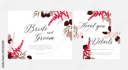 Set of Wedding floral invitation, thank you modern card: dark red and pink astilbe, viola leaves on white marble texture. Elegant rustic template. All elements are isolated and editable