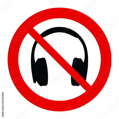  no headphones icon. no listening music icon. The red circle prohibiting sing 