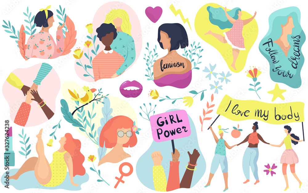 Feminism icons, women rights, girl power vector illustration. Set of isolated icons and stickers of feminists movement, woman activist protest. Feminism concept, modern woman inspirational icons Feminism icons, women rights, girl power vector illustration. Set of isolated icons and stickers of feminists movement, woman activist protest. Feminism concept, modern woman inspirational icons
