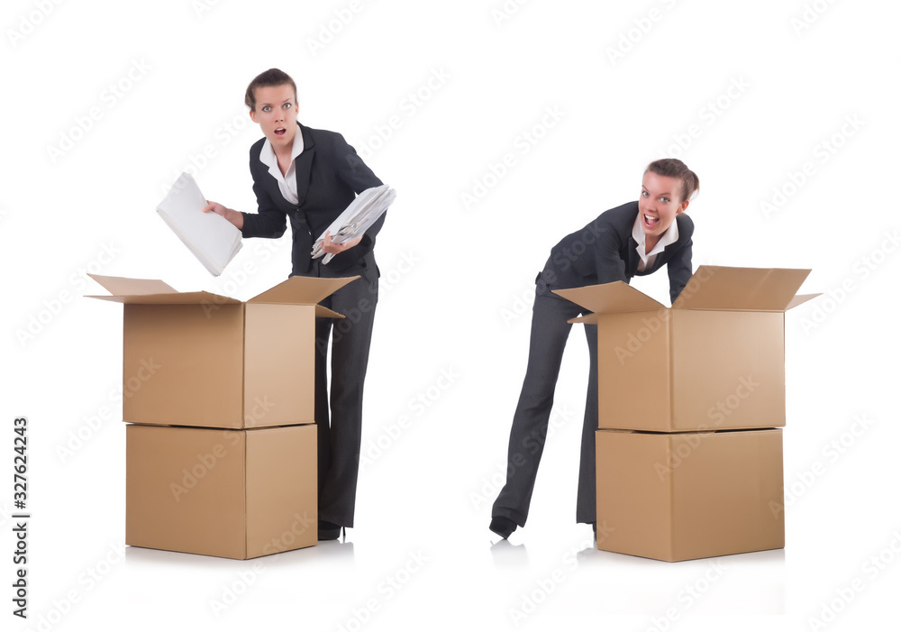 Woman businesswoman with boxes on white Woman businesswoman with boxes on white
