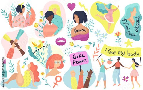 Feminism icons, women rights, girl power vector illustration. Set of isolated icons and stickers of feminists movement, woman activist protest. Feminism concept, modern woman inspirational icons