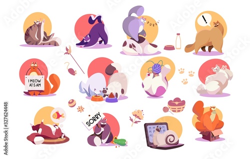 Set of funny cat icons, cute pet cartoon character vector illustration. Domestic animal stickers collection, cat in different poses, situations and emotions. Funny cat playing, eating and sleeping