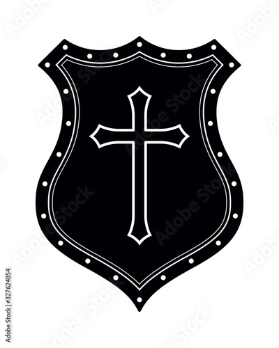 Christian Cross and Shield of Faith. Church Logo. Religious Symbol. Creative Christian Icon. Black and White