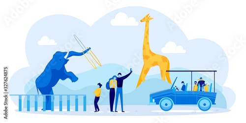 Cute Elephant Giving Amusing Performance with Hula Hope at Zoo for Visitors. Tourist Group in Car. Loving Coupe Taking Selfie. Child Enjoying Performance. Flat Giraffe on Backdrop. Vector Illustration