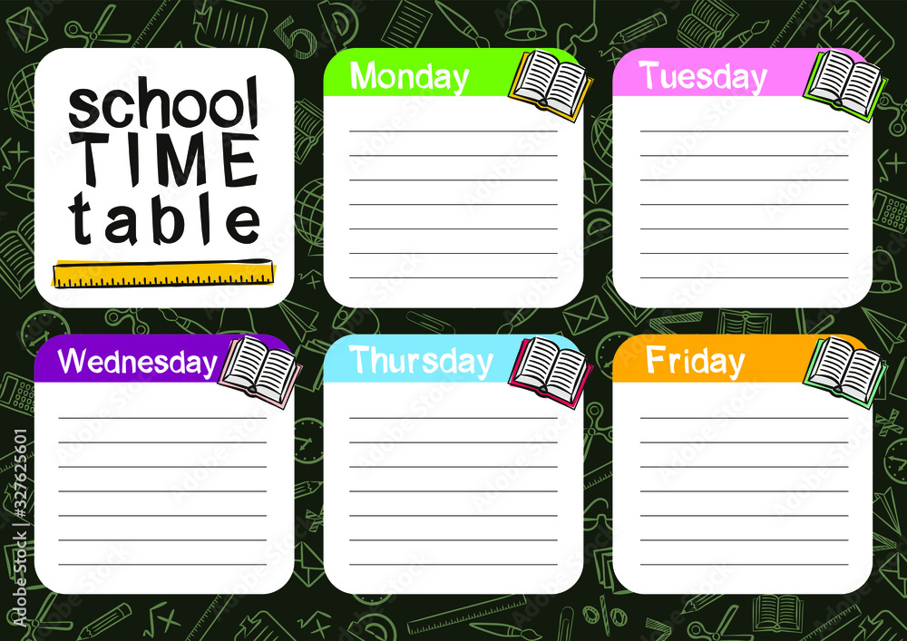 Template of a school schedule for 5 days of the week for students ...