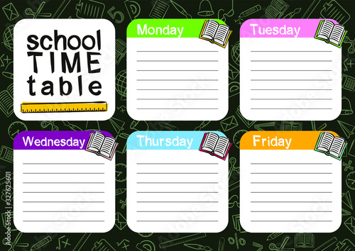 Template of a school schedule for 5 days of the week for students. Vector illustration in chalky styles. Includes hand-drawn elements on a school theme.