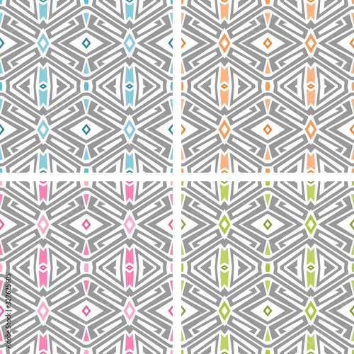 Set of four seamless pastel colored geometric pattern over white background