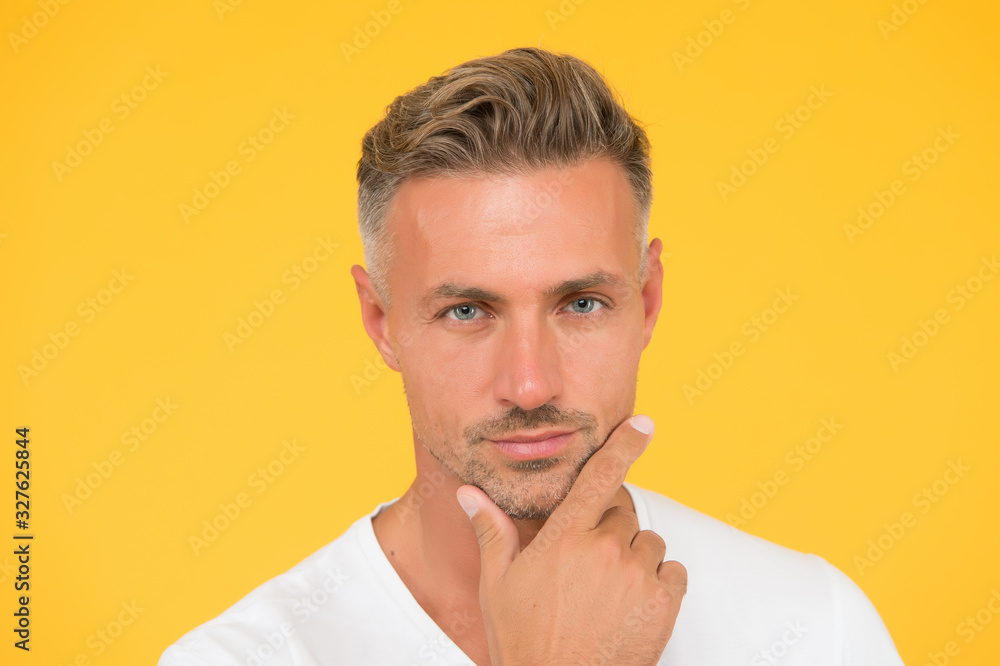 Fototapeta premium Take ageing with respect. Grizzle hair. Deal with gray roots. Man attractive well groomed facial hair. Barber shop concept. Barber and hairdresser. Man mature good looking model. Silver hair shampoo