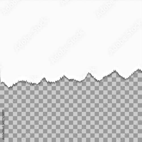 Torn a half sheet of white paper from the bottom. Isolated on transparent background. Mockup paper design. Ripped paper note or newspaper. Blank scrap notice torn. Page advertising background. Vector