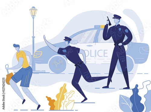 Policemen Chasing Robber Flat Vector Illustration. Thief Escaping with Stolen Purse, Handbag Cartoon Character. Cops Persecuting Criminal in Street. Police Officer with Walkie Talkie Reporting Theft