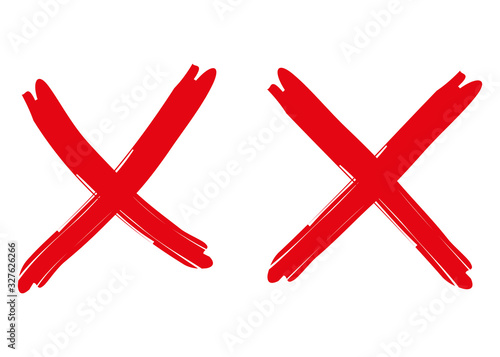 Two red crosses on white background. Red handwritten mark X made with brush strokes. Error symbol, rejected sign, ban icon, rough fail. Draw cross in grunge style. Response check. Danger icon. Vector
