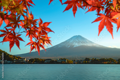 Landscape of Fuji Mountain with Beautiful Autumn Leaves. Iconic and Symbolic Mountain of Japan. Scenic Sunset Landscape of Fujisan at Evening Time, Kawaguchiko, Yamanashi, Japan.