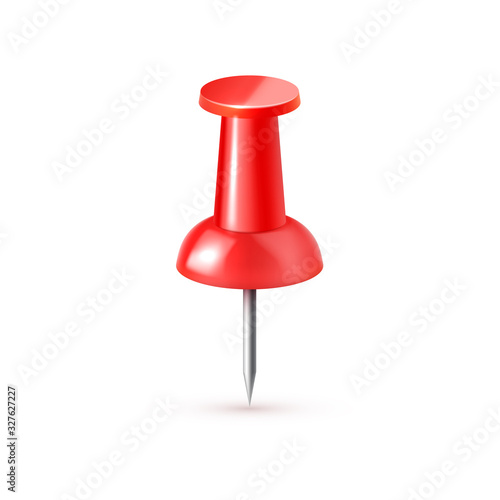 Realistic vector plastic glossy red push pin 3D vector icon on white background.