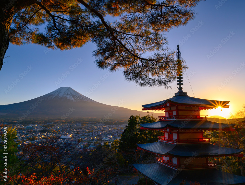 Red Pagoda with Mt Fuji on the background,Mt. Fuji with red pagoda in autumn, Fujiyoshida, Japan,Chureito Pagoda.