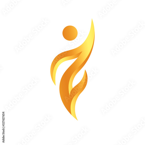 Abstract human icon, champion and winner golden symbol, torch sign, logo concept for sport, nutrition, medicine and art, isolated vector emblem template